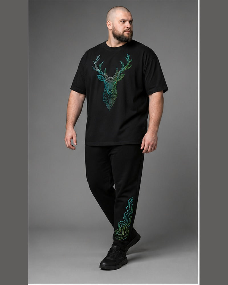 Big and tall man wearing the Neon Stag Circuit t-shirt and matching pants set, clean full-body studio view