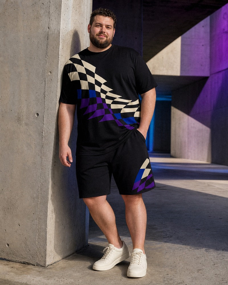Big and tall man styling the Night Arcade Fold t-shirt and matching shorts set in a natural lifestyle scene