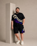 Big and tall man wearing the Night Arcade Fold t-shirt and matching shorts set, full-body product view