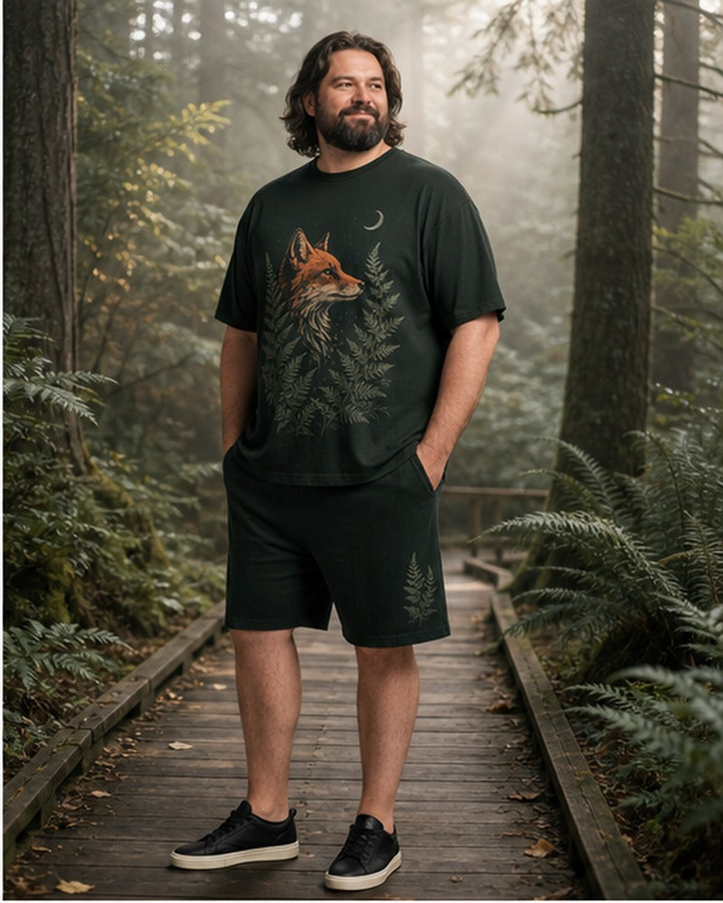 Big and tall man wearing the Night Fox Fern matching set in a coordinated lifestyle setting
