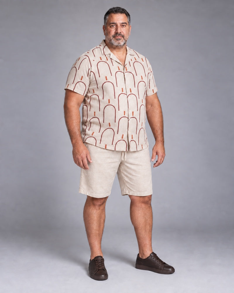 Oatmeal Burgundy Archway Tiles complete shirt and shorts set, full body studio view