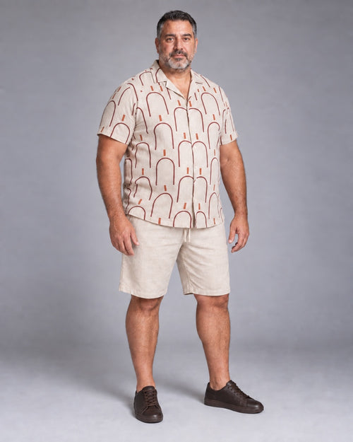 Oatmeal Burgundy Archway Tiles complete shirt and shorts set, full body studio view
