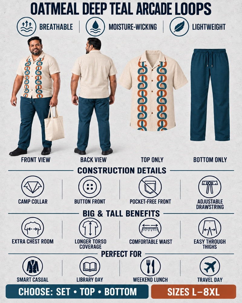 Oatmeal Deep Teal Arcade Loops front and back, construction, fit, occasions and Set Top Bottom buying guide