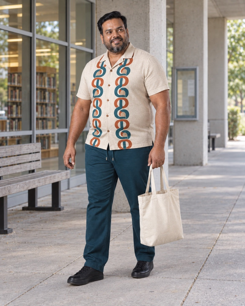 Oatmeal Deep Teal Arcade Loops outfit worn at an ordinary public-library exterior corridor with concrete columns, plain bench, blank notice case and large windows