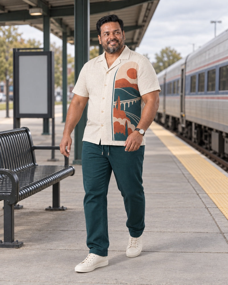 Oatmeal Deep Teal Rail Window outfit worn on an ordinary rail platform