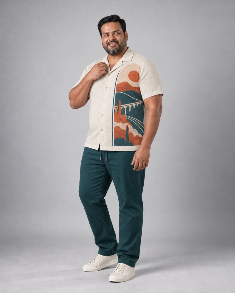 Oatmeal Deep Teal Rail Window complete pocket-free shirt and pants set, full body studio view
