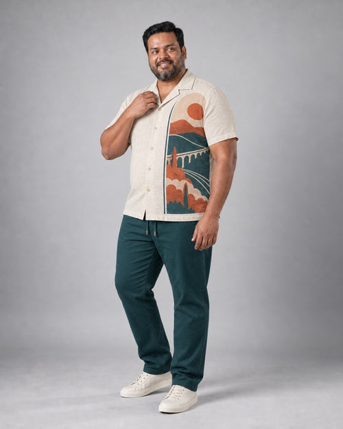 Oatmeal Deep Teal Rail Window complete pocket-free shirt and pants set, full body studio view