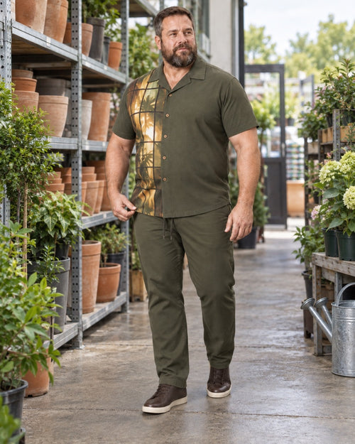Olive Brass Botanical Glass Shadow outfit worn at an ordinary neighborhood garden-center aisle with simple steel shelving, terracotta pots, watering cans and a standard doorway