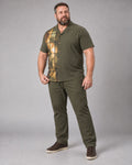 Olive Brass Botanical Glass Shadow complete shirt and pants set, full body studio view