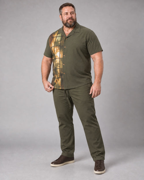 Olive Brass Botanical Glass Shadow complete shirt and pants set, full body studio view