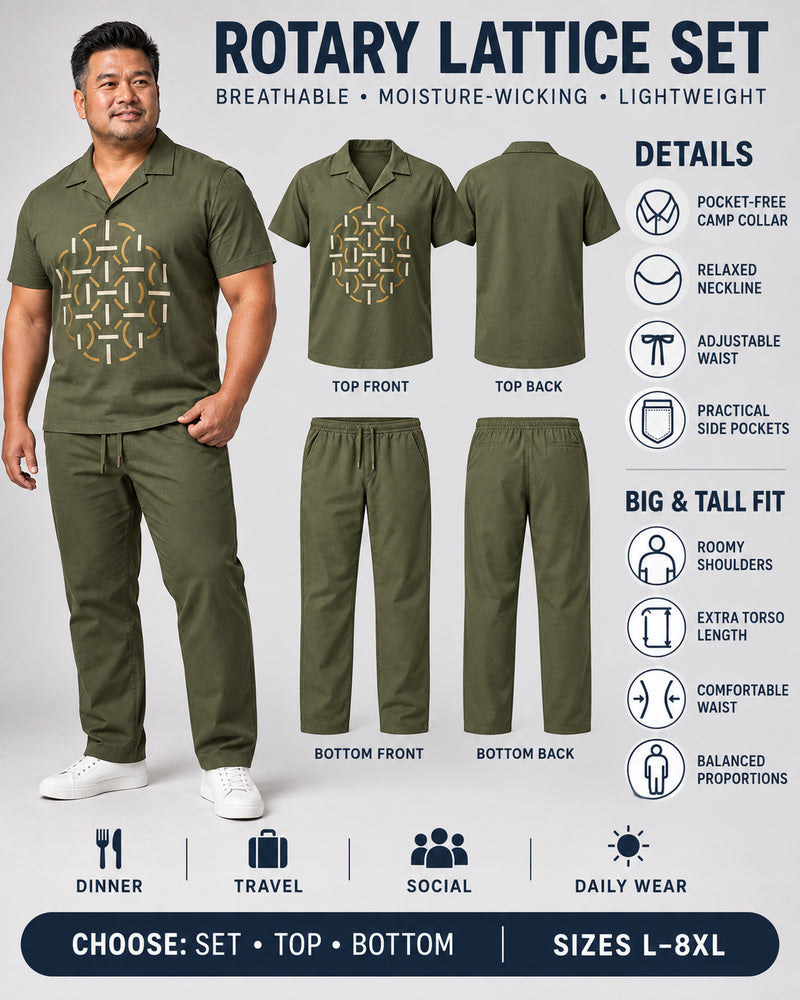 Olive Brass Rotary Lattice front and back, construction, fit, occasions and Set Top Bottom buying guide