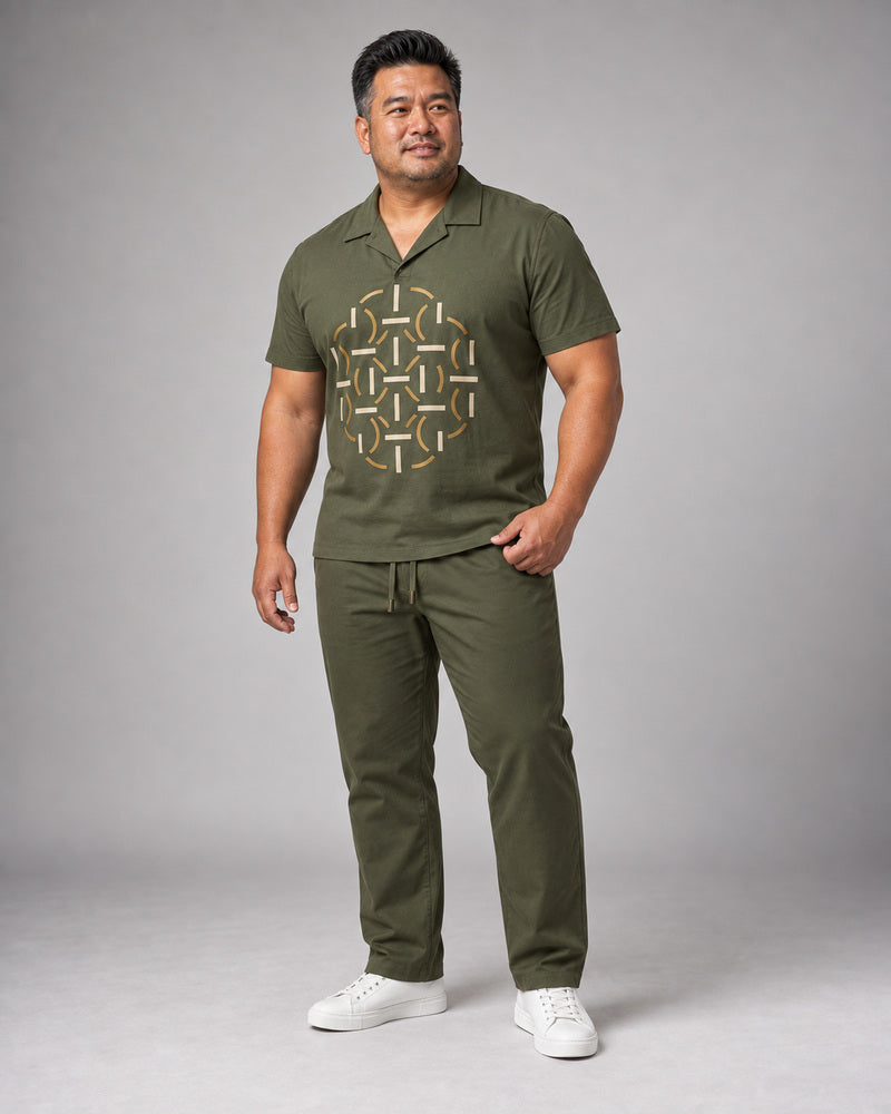 Olive Brass Rotary Lattice complete pocket-free shirt and pants set, full body studio view