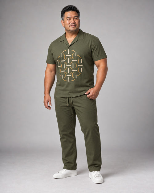 Olive Brass Rotary Lattice complete pocket-free shirt and pants set, full body studio view