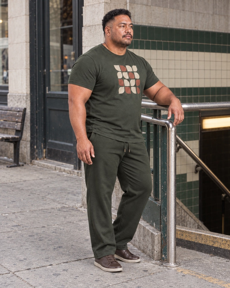 Olive Oat Metro Mosaic outfit worn at an ordinary city subway entrance with tiled wall, metal rail, concrete stair and plain bench