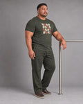 Olive Oat Metro Mosaic complete t-shirt and pants set, full body studio view