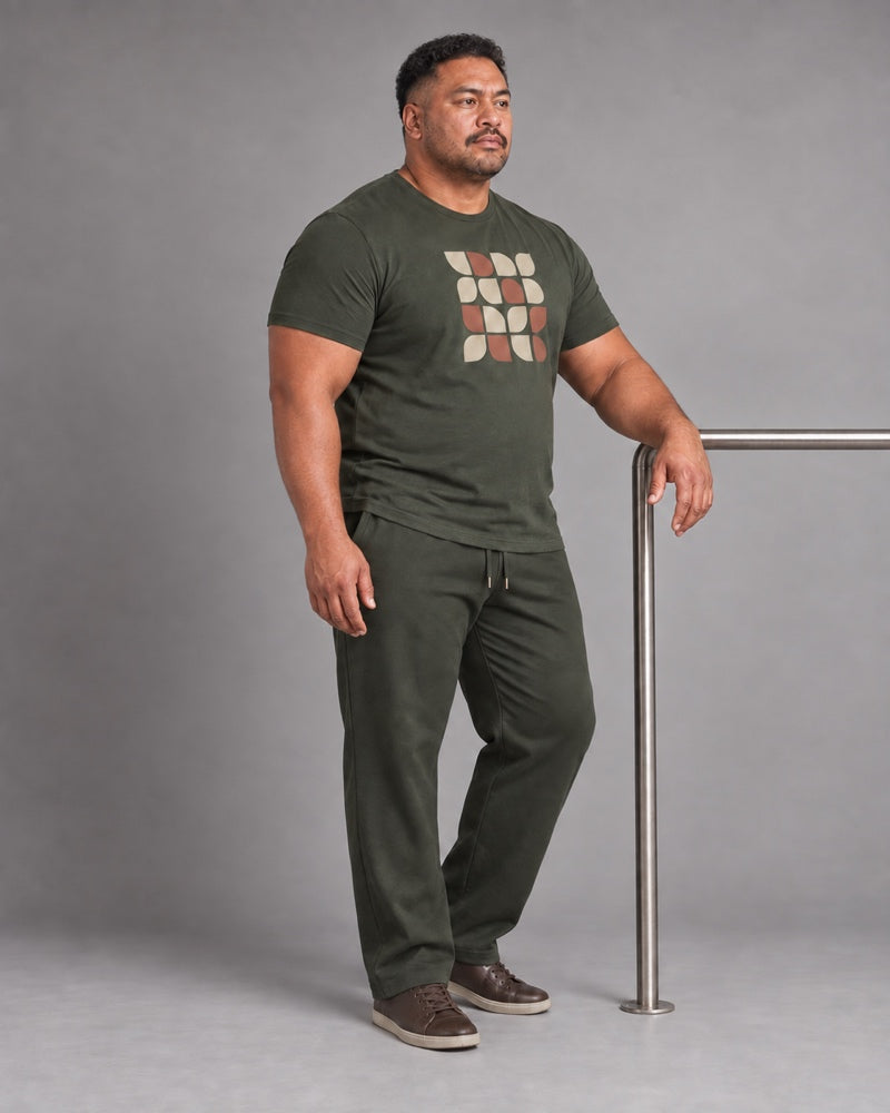 Olive Oat Metro Mosaic complete t-shirt and pants set, full body studio view