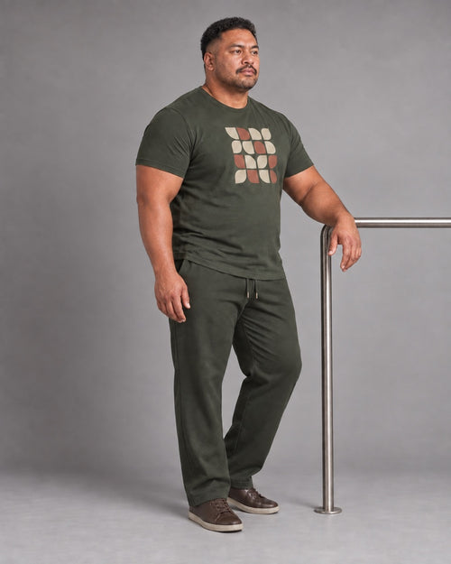 Olive Oat Metro Mosaic complete t-shirt and pants set, full body studio view