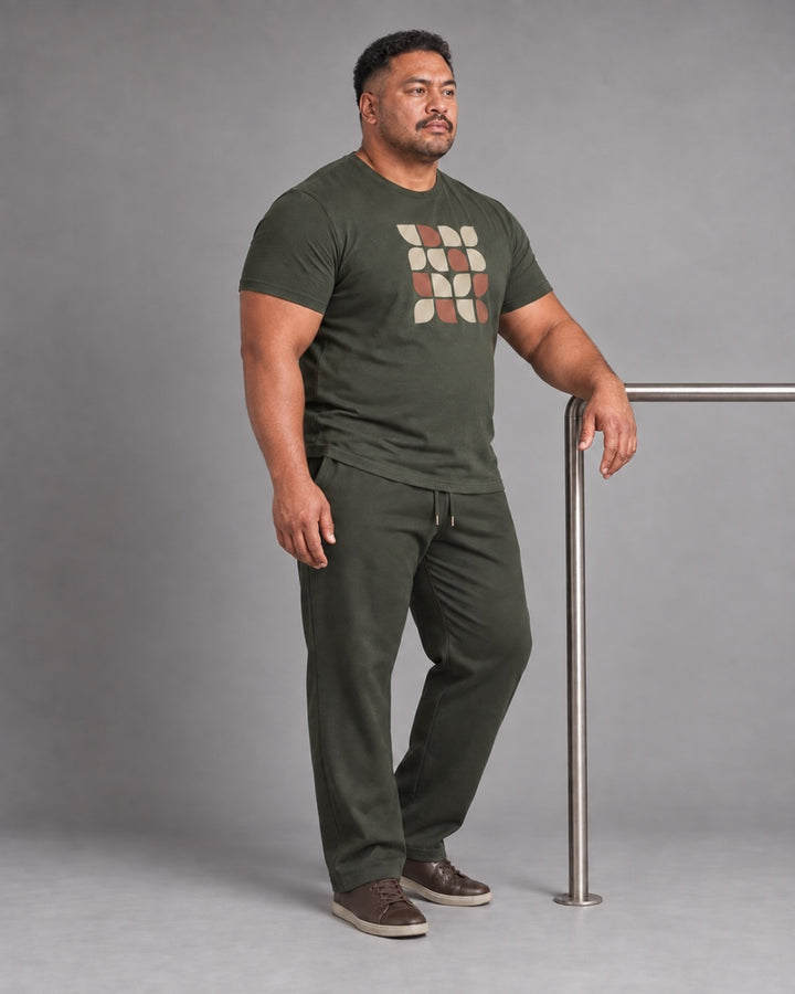Olive Oat Metro Mosaic complete t-shirt and pants set, full body studio view