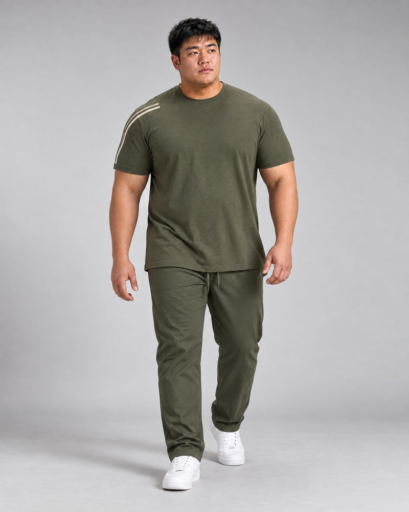 Olive Oat Twin Horizon complete T-shirt and pants set, full body studio view