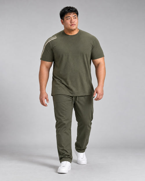 Olive Oat Twin Horizon complete T-shirt and pants set, full body studio view