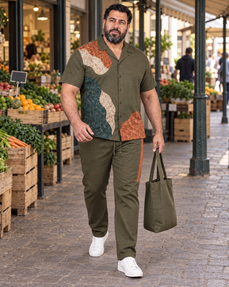 Olive Rust Highland Mosaic outfit worn beside a neighborhood market arcade