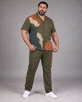 Olive Rust Highland Mosaic complete pocket-free shirt and pants set, full body studio view