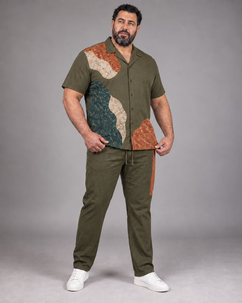 Olive Rust Highland Mosaic complete pocket-free shirt and pants set, full body studio view