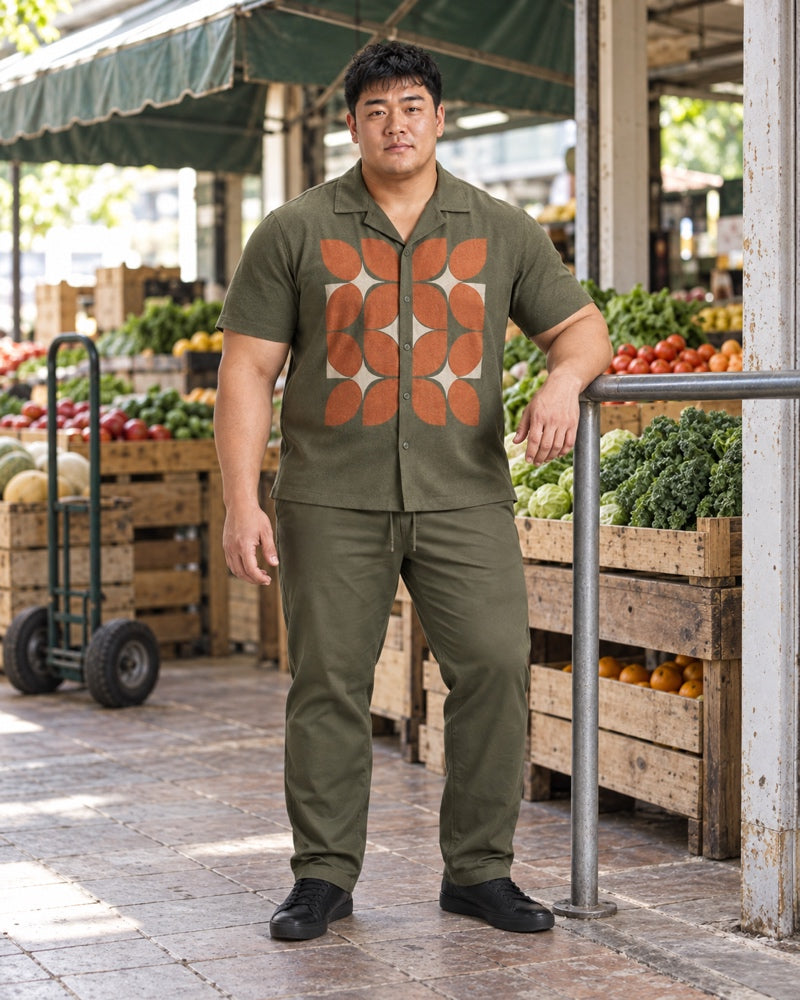 Olive Rust Lantern Petals outfit worn at an ordinary neighborhood produce market arcade with wooden crates, canvas awning, hand truck and worn tile floor