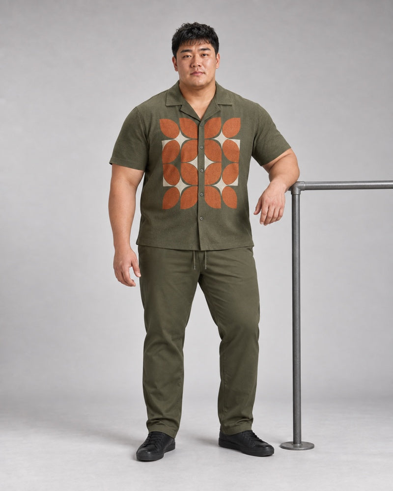 Olive Rust Lantern Petals complete shirt and pants set, full body studio view