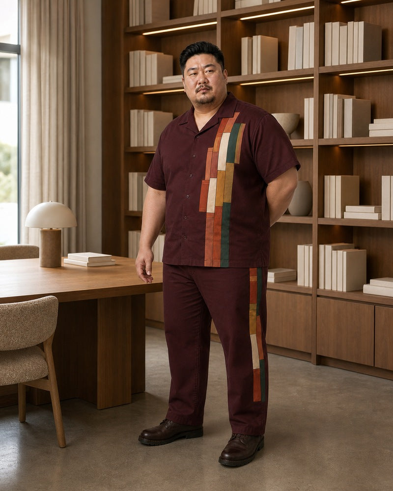 Big and tall man styling the Oxblood Library Stack pocket-free shirt and matching pants set in a natural lifestyle scene