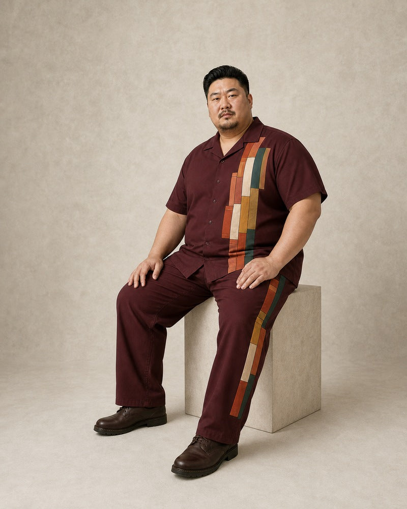 Big and tall man wearing the Oxblood Library Stack pocket-free shirt and matching pants set, full-body product view