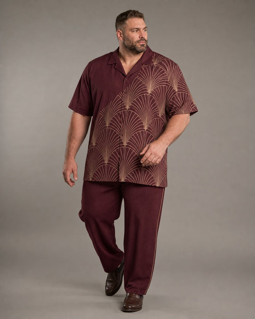 Big and tall man wearing the Oxblood Oat Deco Fanline pocket-free shirt and matching pants set, full-body product view