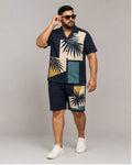Big and tall man wearing the Palm Shadow Mosaic pocket-free shirt and matching shorts set, clean full-body studio view