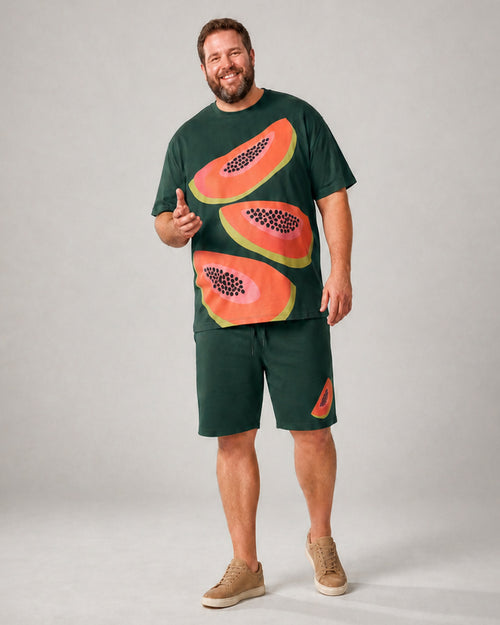 Big and tall man wearing the Papaya Block Party t-shirt and matching shorts set, full-body product view