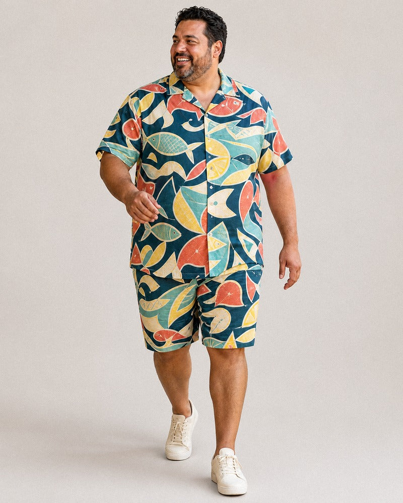 Big and tall man wearing the Paperfish Market pocket-free shirt and matching shorts set, full-body product view