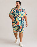 Big and tall man wearing the Paperfish Market pocket-free shirt and matching shorts set, full-body product view
