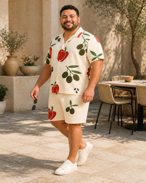 Big and tall man styling the Paprika Olive Scatter pocket-free shirt and matching shorts set in a lifestyle scene