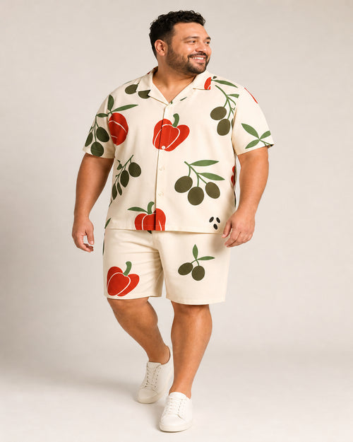 Big and tall man wearing the Paprika Olive Scatter pocket-free shirt and matching shorts set, full-body product view