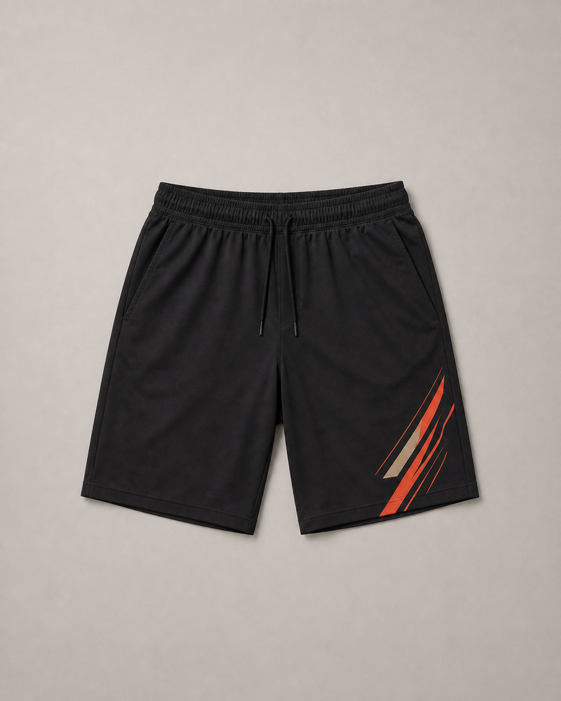 Persimmon Relay big and tall black knee-length shorts, front view
