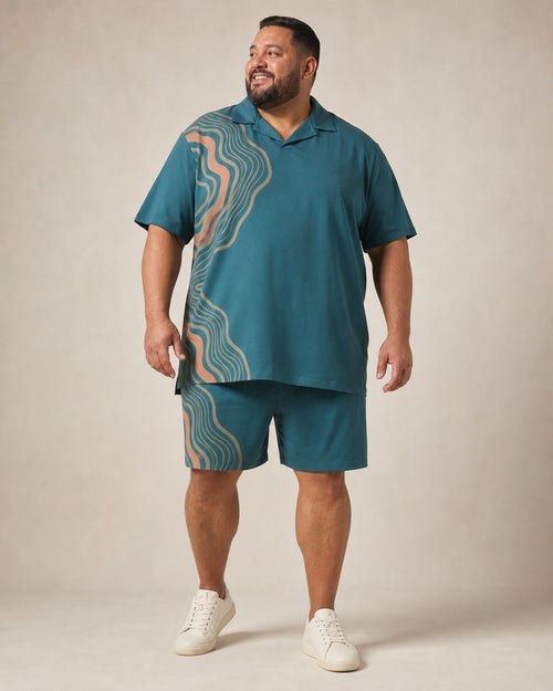 Big and tall man wearing the Petrol Apricot Ripple Field pocket-free shirt and matching shorts set, full-body product view