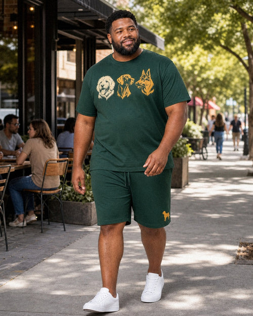Big and tall man styling the Pine Saffron Dog Walk t-shirt and matching shorts set in a natural lifestyle scene
