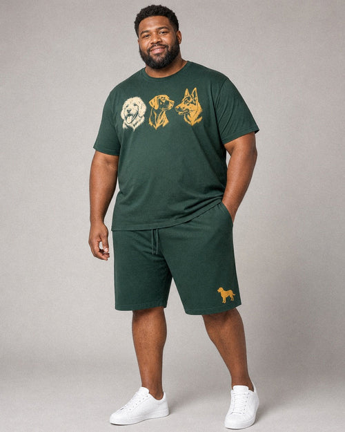 Big and tall man wearing the Pine Saffron Dog Walk t-shirt and matching shorts set, full-body product view