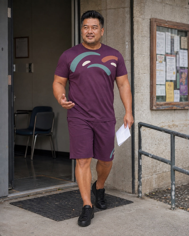 Plum Aqua Boomerang Social outfit worn outside an ordinary community center