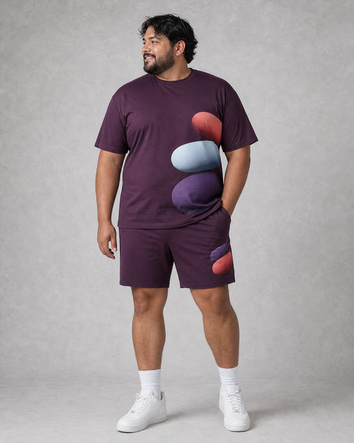 Big and tall man wearing the Plum Bubble Shadow t-shirt and matching shorts set, full-body product view