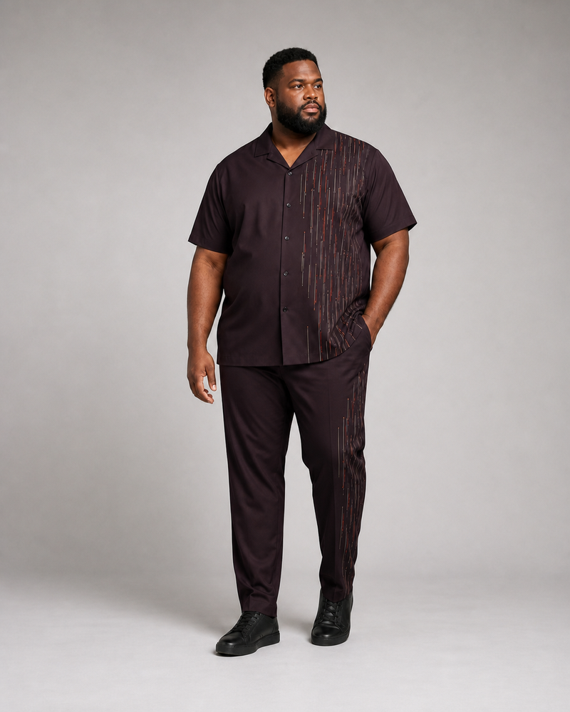 Big and tall man wearing the Plum Circuit short-sleeve shirt and matching pants set, front three-quarter view