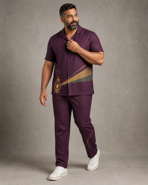 Big and tall man wearing the Plum Gold Lantern Trail pocket-free shirt and matching pants set, full-body product view