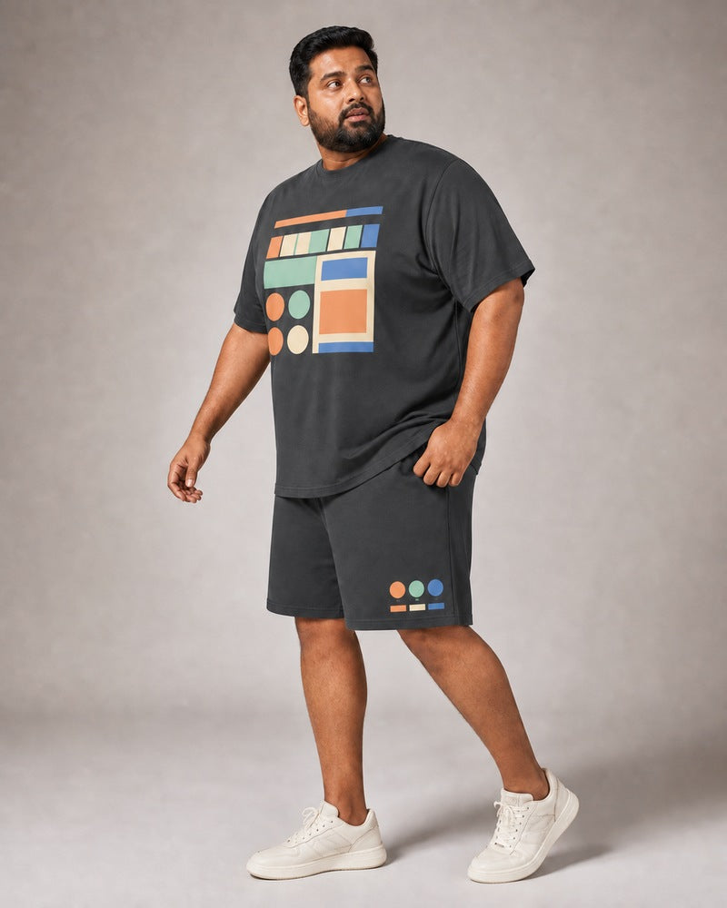 Big and tall man wearing the Pocket Radio Parade t-shirt and matching shorts set, full-body product view