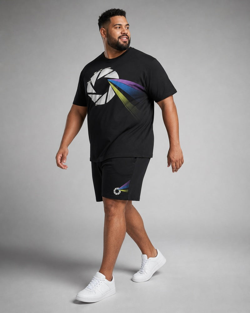Big and tall man wearing the Prism Aperture Pulse t-shirt and matching shorts set, full-body product view