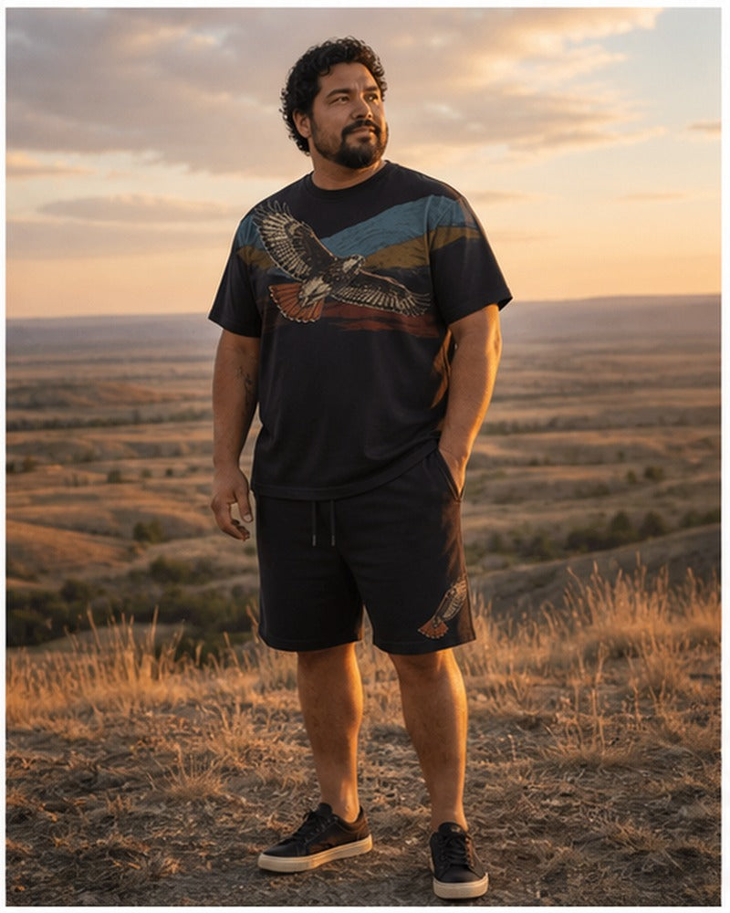 Big and tall man wearing the Redtail Horizon matching set in a coordinated lifestyle setting