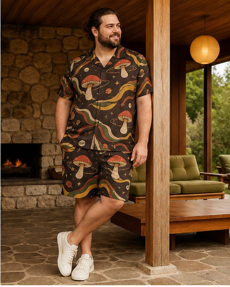 Big and tall man wearing the Retro Mushroom Orbit matching set in a coordinated lifestyle setting
